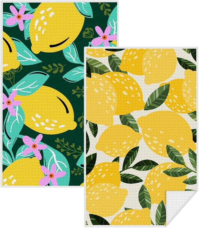2Pcs Lemon Kitchen Towels, Farmhouse Absorbent Tea Towel Decorative Reusable Dish Hand Towels Lemon Lover Gifts for Cleaning Drying Women Mom Housewarming Gifts 14 x 24 Inch Kitchen Home Decor