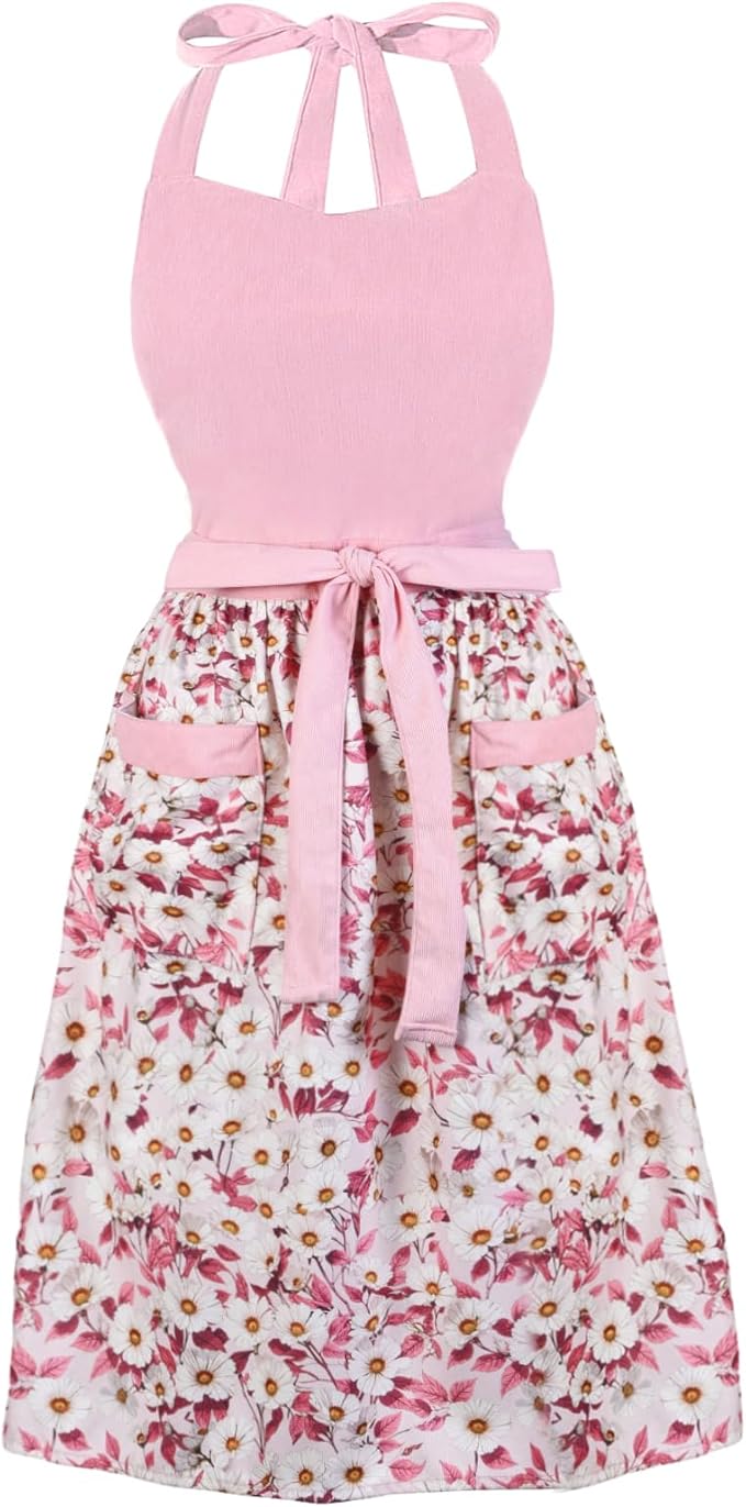 Cute Floral Aprons for Women with Pockets,Cotton Adjustable Neck Strap Apron for Kitchen Cooking Baking Gardening