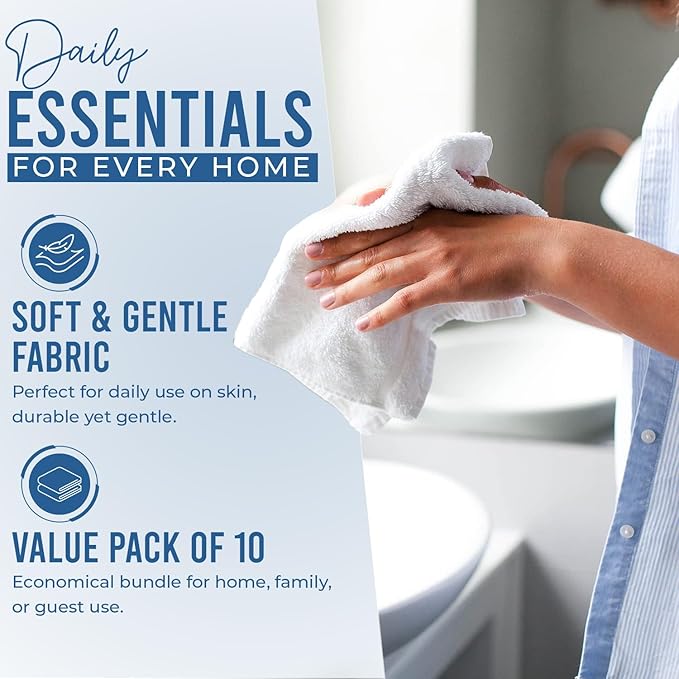 DAN RIVER 10 Pack Wash Cloths for Showering [11x11] - 100% Cotton Washcloths Premium Quality Flannel Face Cloths for Bathroom, Highly Absorbent and Soft Feel Wash Clothes, White