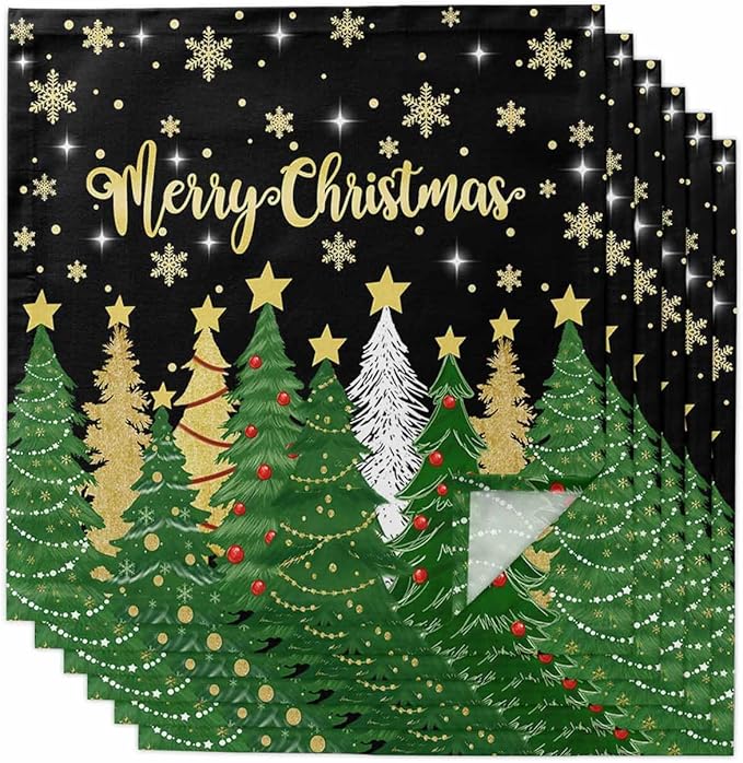 Christmas Tree Black Cloth Napkins Set of 6 - Forest Pine Washable Dinner Napkins Snowflakes Xmas Stars Sparkle Table Reusable Napkin for Home Party Wedding Dining Table Decoration, Oversized 20"x20"