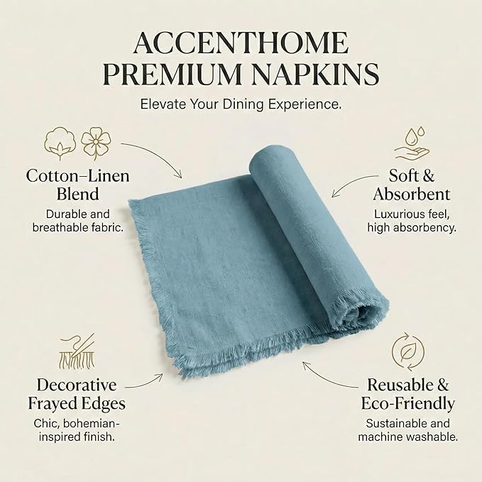 ACCENTHOME Blue Cotton Linen Napkin Set of 12 18x18 inch Dinner Napkins - Washable Soft Premium Hotel Quality Reusable Hemmed Edges Napkins Perfect Table Linens for Family Dinners, Weddings