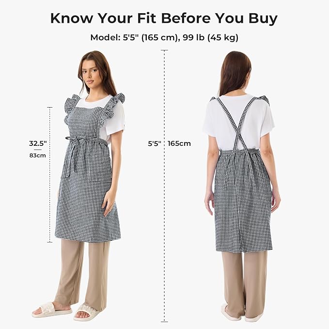 Vintage Gingham Apron for Women, Ruffle Straps, 2 Pockets, Soft Cotton, Apron Dress Style for Cooking & Baking
