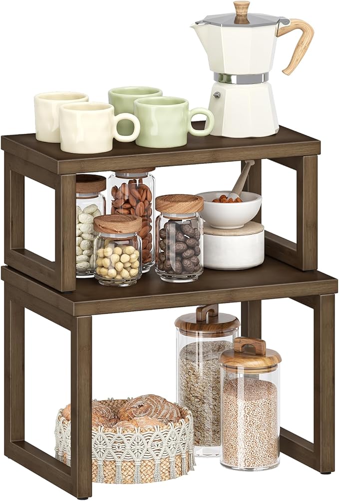 HOOBRO Cabinet Organizer Shelf, Set of 2 Kitchen Counter Shelves, Expandable Kitchen Storage, Stackable Bamboo Spice Rack, for Kitchen, Countertop, Office Desk, Living Room, Mocha MA20TL01