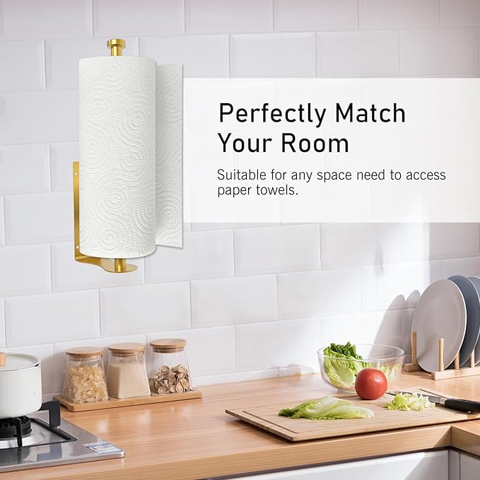 SetSail Paper Towel Holder, Single Hand Operable Paper Towel Holder Under Cabinet with Adjustable Damper Easy Tear Wall Mount Self-Adhesive or Drilled for Kitchen Bathroom, Gold