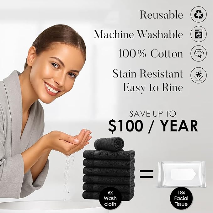DAN RIVER 12-Pack Premium 100% Cotton Black Face Towels for Bathroom - Reusable Face Wash Cloths for Showering 12x12 Inches - 550 GSM Super Soft & Absorbent Luxury WashCloths for Body, Spa & Gym