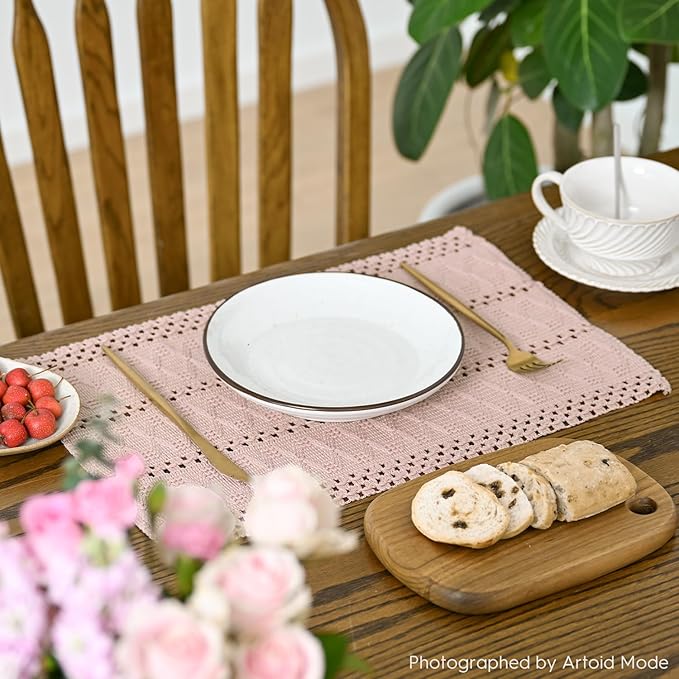 Artoid Mode Pink Farmhouse Woven Rustic Hollow Placemats Set of 4,12x18 Inch Seasonal Holiday Table Mats Party Kitchen Dining Decoration