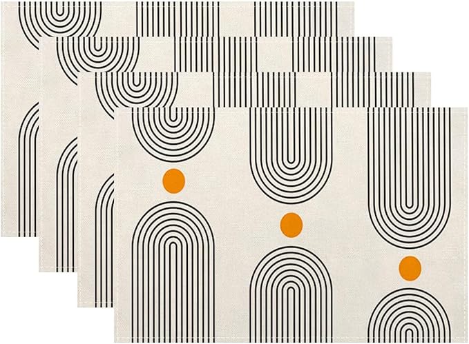 Boho Mid Century Placemats 12x18 Inch Set of 4, Abstract Simple Sun Arch Pattern Table Place Mat Boho Modern Yellow Spot Washable Table Mats Decorative Linen Fabric Table Mat for Dining Table