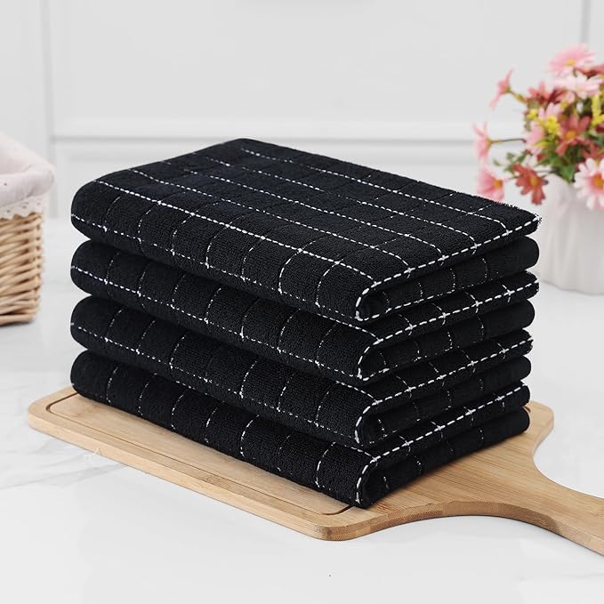 Homaxy 100% Cotton Terry Kitchen Towels(Black, 20 x 28 inches), Checkered Designed, Soft and Super Absorbent Dish Towels, Large 6 Pack