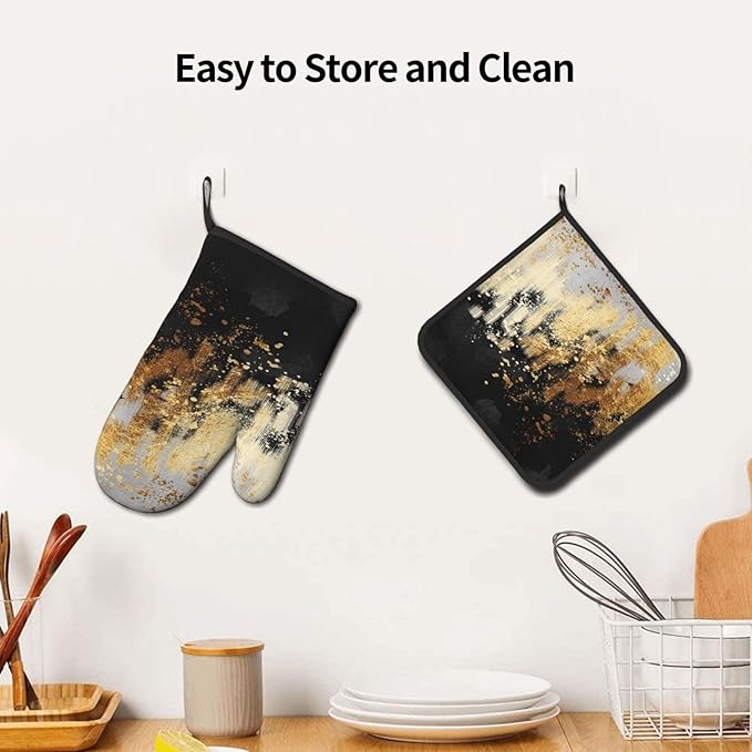 3 - Piece Black Gold Abstract Art Oven Mitts and Pot Holders Sets, Modern Decorative Black Gold Oven Gloves and Hot Pads Heat Resistant for Kitchen Cooking Baking Grilling, Gift for Women, Home Decor