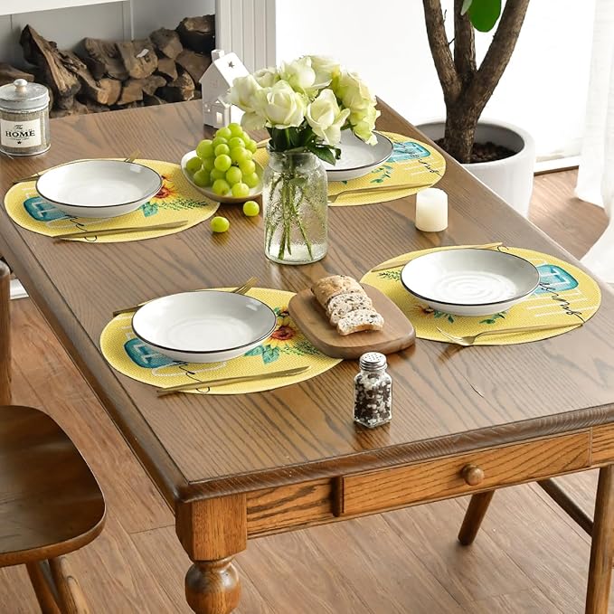 Artoid Mode Yellow Sunflower Vase Summer Round Placemats Set of 4, 14 Inch Summer Round Table Mats for Dining Decoration
