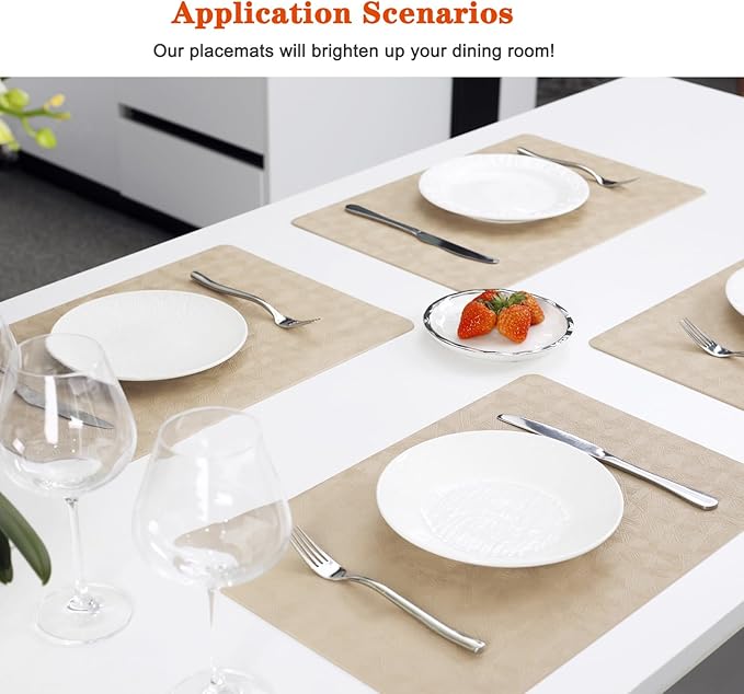 Vinyl Placemats Set of 6 Heat Resistant Easy Clean Non-Slip Place Mats for Dining Table Faux Leather Waterproof Stain Resistant Wipeable Washable PVC Table Mats(6, Beige)