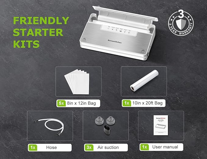 Bonsenkitchen Vacuum Sealer Machine, Stainless Steel Food Sealer Vacuum Sealers with 1 Roll & 5 Bags, 5 Food Vacuum Modes, Built-in Cutter & Bag Storage (White Silver)