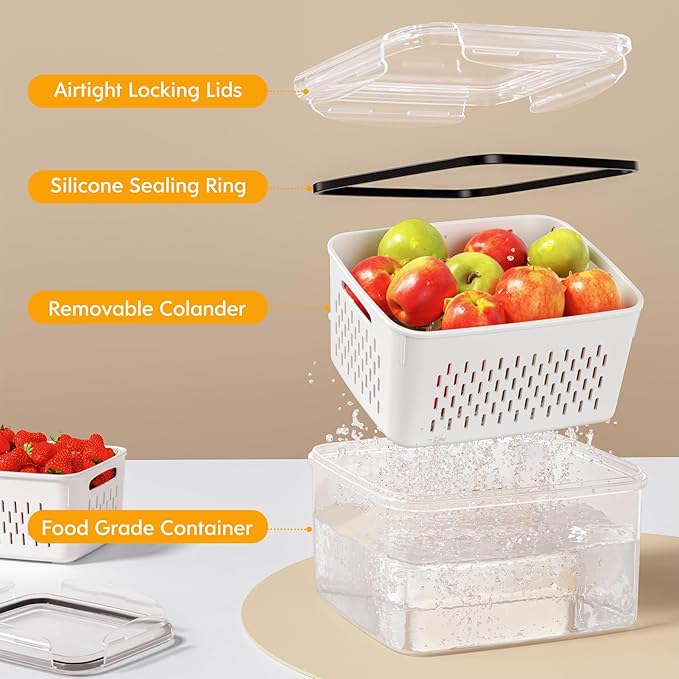 6 PCS Fruit Storage Containers for Fridge with 6 Removable Colanders, BPA Free Food Storage Containers, Dishwasher & Microwave Safe Produce Containers Keep Fruits, Vegetables, Berry, Meat Fresh Longer