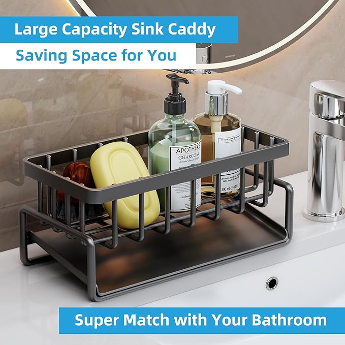 Sponge Holder for Kitchen Sink, Self-Drainage Kitchen Sink Caddy, Rustproof Steel Dish Sponge Organizer with Removable Dishcloth Rack, Soap Dispenser Brush Holder Storage for Bathroom, Black