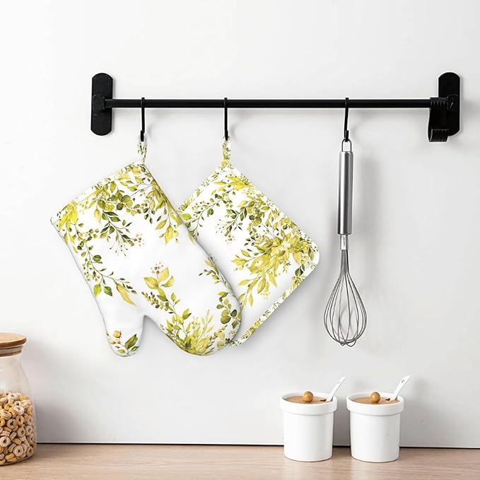 Yellow Eucalyptus Oven Mitts and Pot Holders Set, 4pcs Silicone Watercolor Plant Leaves with Floral Oven Glove for Kitchen Heat Resistant Oven Mitts and Potholders Non-Slip for Cooking