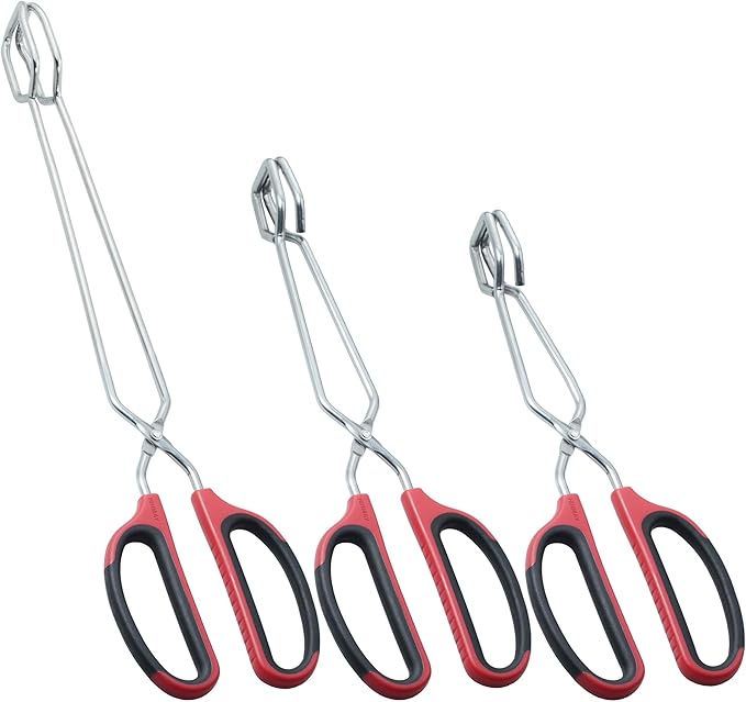 HINMAY Stainless Steel Kitchen Scissor Tongs Set for Cooking, Grilling & Serving, 3-Piece with Red Handle (10/12/16 Inch)