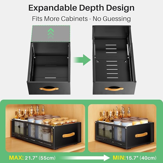 Pull out Cabinet Organizer, Expandable Depth(15.7"-21.7") with Raising Pad for Framed Cabinets, Heavy Duty Slide out Drawers, Adhesive Roll Out Shelves for Kitchen, Pantry Storage(Black, 1-Pack)