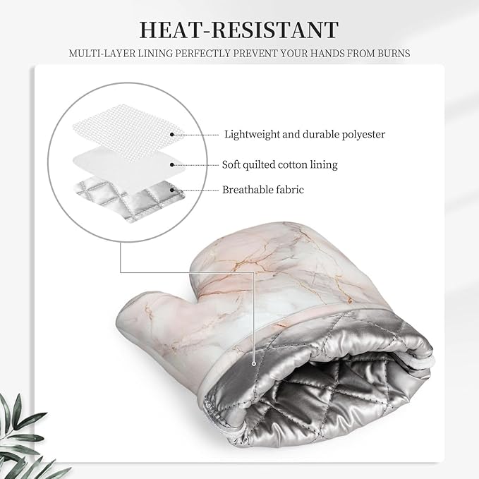 Oven Mitts and Pot Holders Pastel White Pink Marble Silicone Kitchen Accessories Set of 2 Heat Resistant Long Gloves Potholder Non-Slip Grip for Chef Cooking,Baking,Grilling,BBQ