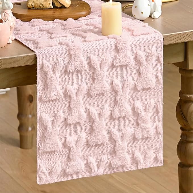 Artoid Mode Pink Soft Plush Faux Fur Jacquard Bunny Rabbit Easter Table Runner, Seasonal Kitchen Dining Table Decoration for Home Party Decor 13x108 Inch