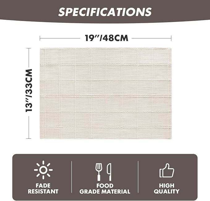 ZeeMart Linen Checked Placemats Set of 6, Plaid Embroidery Textured Table Mats, Double Layer Thick Farmhouse Rustic Place Mats for Kitchen Dining Table Home Decor, Ivory 13x19 Inch
