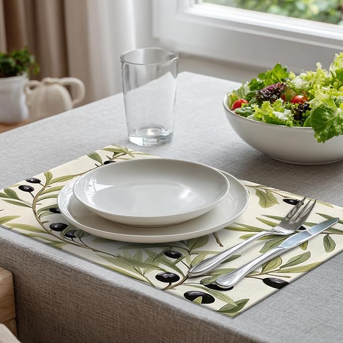 Batmerry Olive Branches Placemats, Leafy Olive Pattern Washable Linen Table Mats for Kitchen Table Double Insulation Decor Dining Set Indoor Outdoor 12X18 in Set of 6