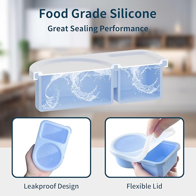 5 Pack Silicone Snack Containers, 2 Compartments Reusable Snackle Box with Lids, 8 oz, Rainbow