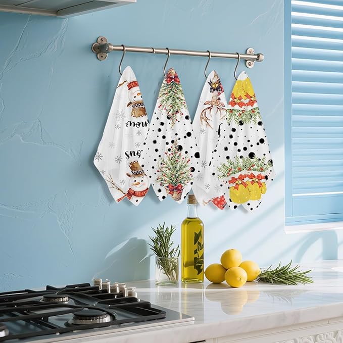 4 Pcs Christmas Kitchen Towels, Merry Christmas Tree Reindeer Tea Hand Towel, Microfiber Dish Cloths for Drying Dishes, Waffle Dish Towels for Kitchen Home Decor, for Women Mom