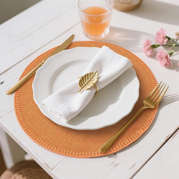 Round Placemats Set of 6, 15 Inch Linen Fabric Table Placemats, Heat Resistant, Wrinkle Free Washable Placemats Kitchen Place Mats Set of 6 for Dining Table Party Table (Orange, 6)