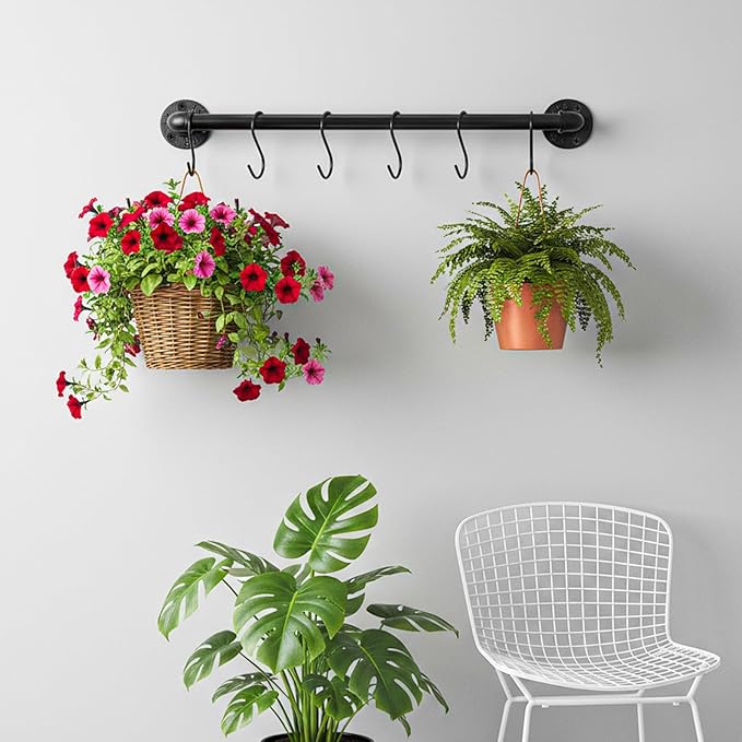 2 Pcs 21 Inch Wall Mounted Pot Rack, Black Iron Industrial Pipe Pan Hanger with 10 Hooks, Kitchen Utensil Organizer and Storage Solution for Pots, Pans and Lids