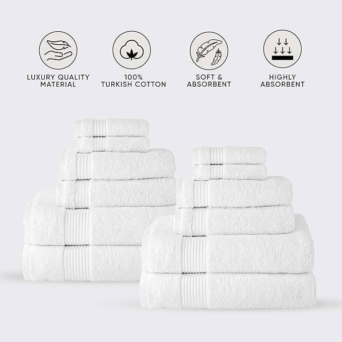 Classic Turkish Towels CTT - 12 Piece Family Towel Set for Bathroom, 100% Turkish Cotton, Quick Drying, Absorbent & Comfy, Includes 4 Bath Towels, 4 Hand Towels, & 4 Washcloths | (White)