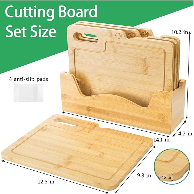 ZENFUN 4 Pack 12.5"L x 9.8"W Bamboo Cutting Boards with Holder, Wood Cutting Board Set, Chopping Boards Set with Food Icons, Kitchen Cutting Board Ideal for Meat, Fish, Bread, Vegetable, Fruit