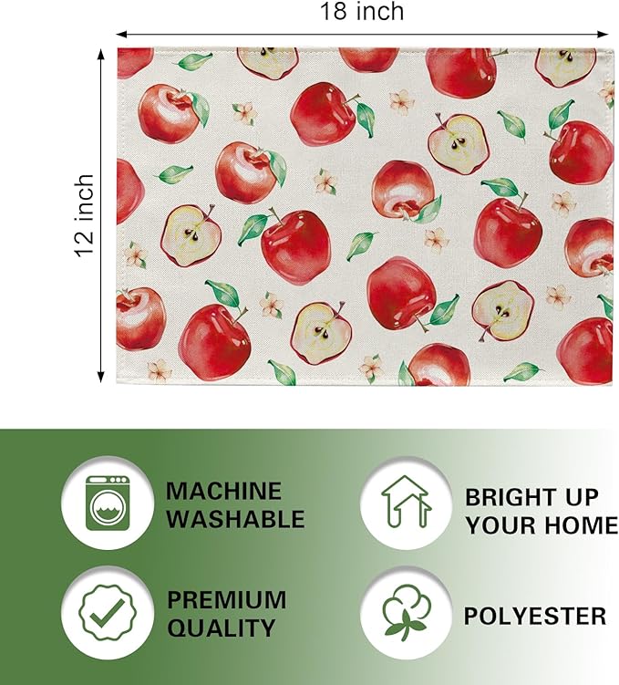 Watercolor Apple Placemats Set of 4, Spring Summer Sweet Fruit Dining Table Place Mats, Farmhouse Kitchen Decor Home Decoration 12 x 18 Inches
