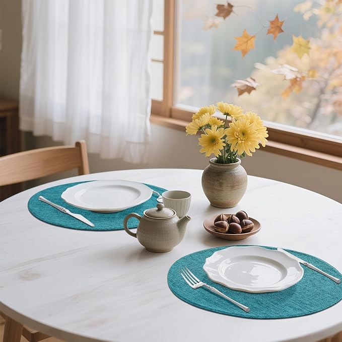 homing 15 Inch Round Cloth Placemats Set of 6, Cotton Linen Blend Washable Table Mats, Farmhouse Dining Place Mats for Indoors & Outdoors, Easy to Clean, Teal