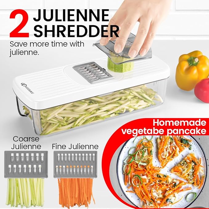 KEOUKE 6-in-1 Multi-Functional Vegetable Mandoline Slicer with Container White - Vegetable Slicer with Hand Guard for Kitchen Easy Food Prep, Onion Potato Veggie Fruit