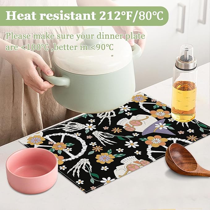 Hippie Peace Skeleton Floral Placemats Set of 6, Washable Heat Resistant Table Mat Linen Place Mats for Party Kitchen Dining Home Decor 12x18 Inch