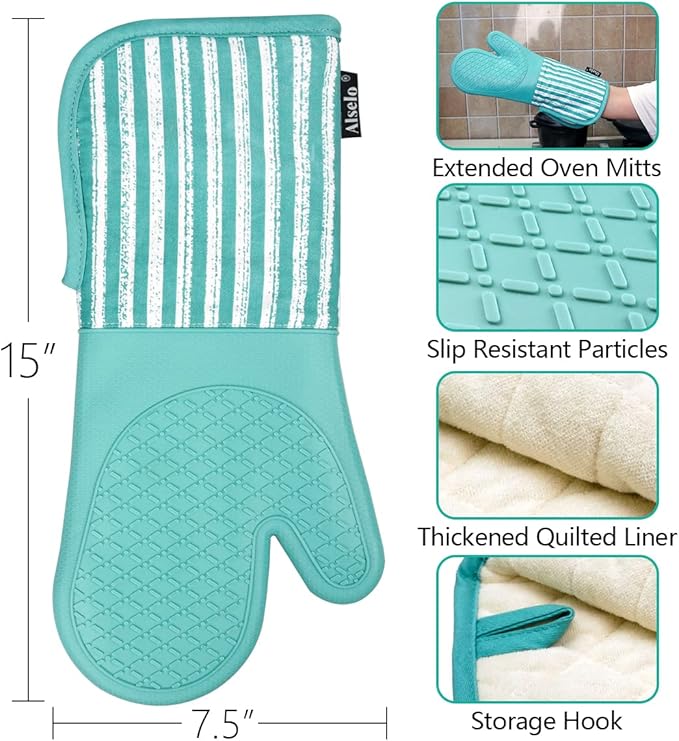 Alselo Silicone Oven Mitts Heat Resistant 932℉ with Waterproof & Non-Slip Kitchen Mittens, Set of 2 Extra Long Oven Gloves with Soft Cotton Terry Lining for Baking Cooking Barbecue