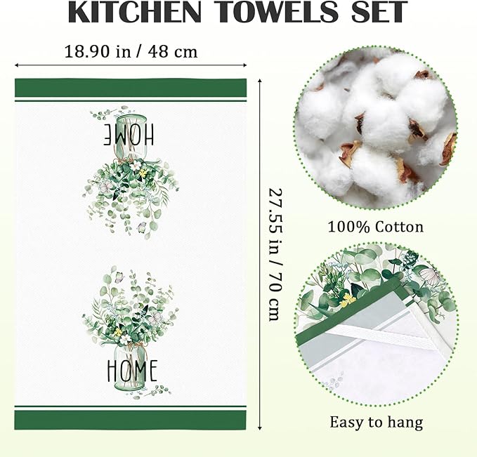 Eucalyptus Leaves Tea Towels, Cotton Kitchen Towel 18.9 × 27.5 inch, Quick Drying Dish Cloth for Party Anniversary Holiday Decoration, Housewarming Gifts for Mom