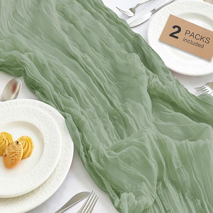 IVAPUPU 2 Pcs Cheesecloth Table Runner - 10ft Sage Green Boho Gauze Cheese Cloth Table Runners for Baby Shower Decorations Wedding Party Spring Garden Farmhouse