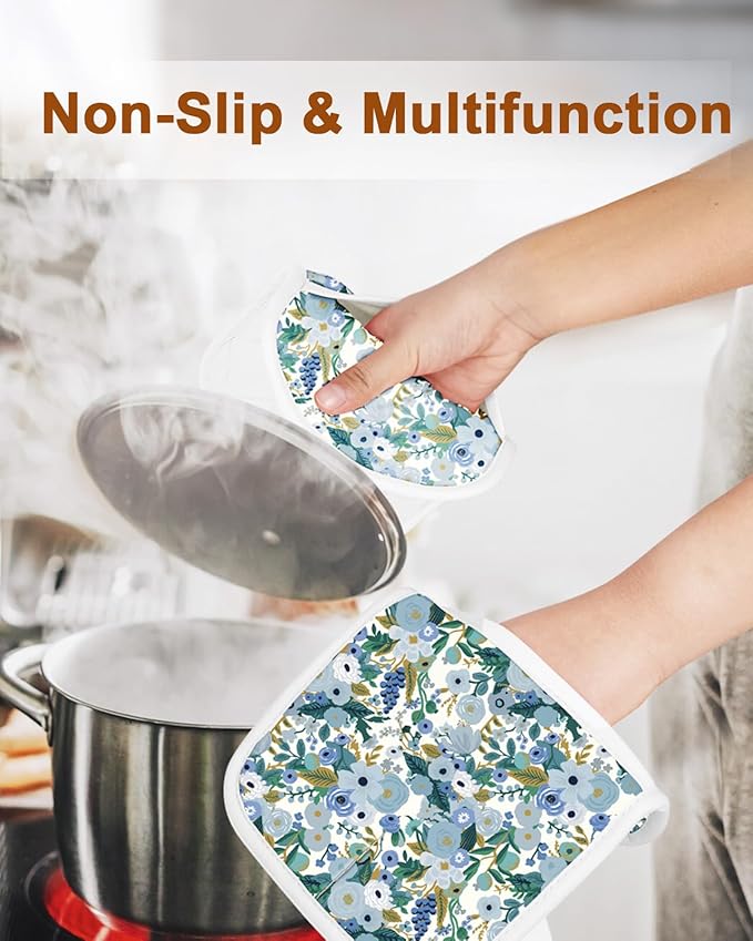 Swooflia 100% Cotton Pot Holders 2 Pack Set for Kitchen with Pockets - Cute 440°F Heat Resistant Oven Hot Pads Heavy Duty for Countertop Home Cooking Baking Microwave BBQ Vintage Flower
