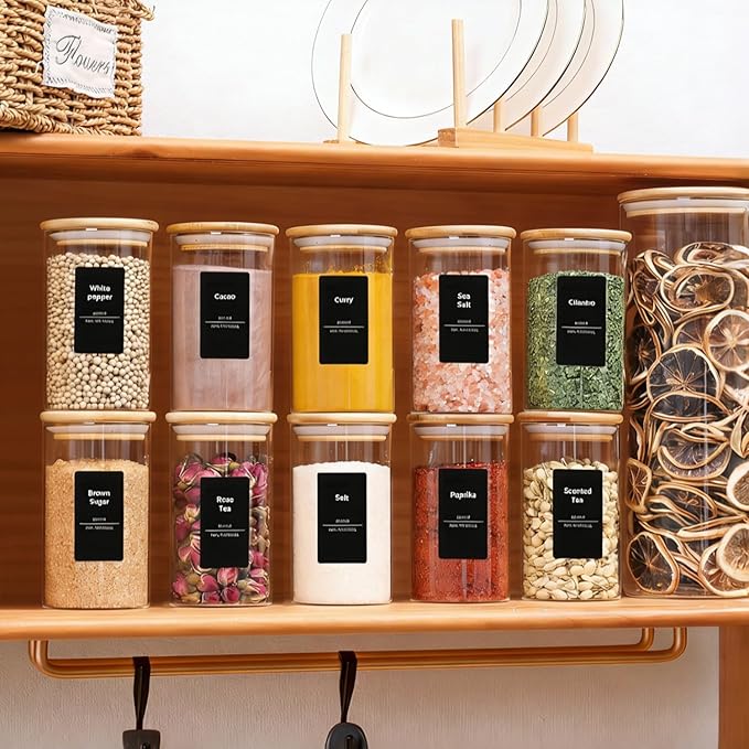 ComSaf Spice Jars with Label 4oz 16 Pack, Glass Spice Jars with Bamboo Lid, Small Seasoning Containers with 54 Black Labels, Stackable for Kitchen, Pantry Organization, Loose Tea, Herbs, Powders, Salt