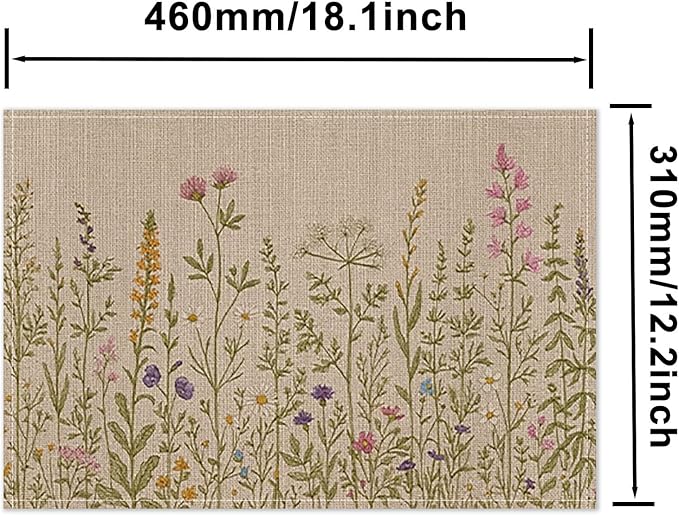HOMETITUTE Wildflower Placemats Set of 4 Linen 12x18 Inch Washable Table Mats with Botanical Floral Design Decorative Table Placemats Set of 4 for Farmhouse Kitchen Dining Spring Summer Decor