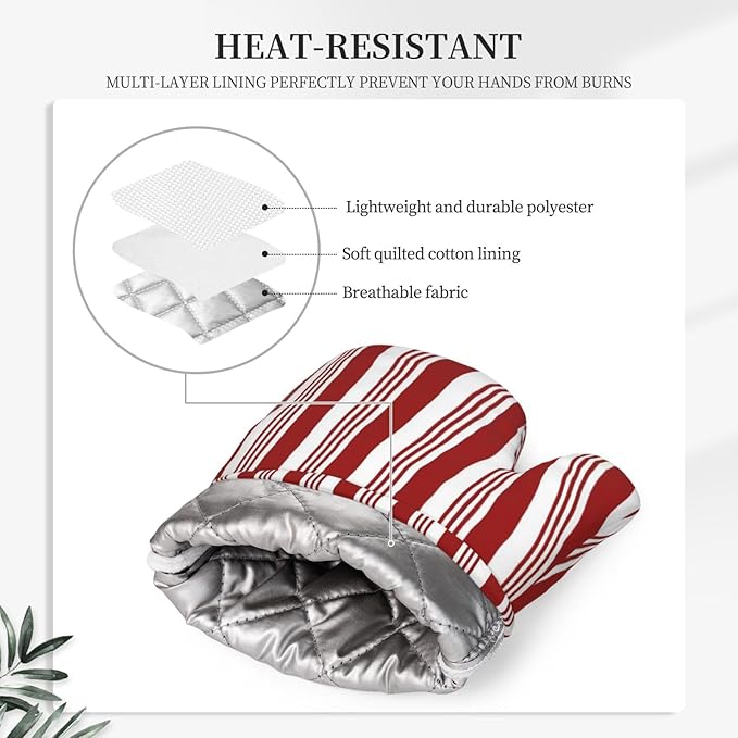Abstract Red and White Striped Oven Mitts and Pot Holders Set, 4pcs Candy Cane Pattern Christmas Silicone Oven Glove for Kitchen Heat Resistant Oven Mitts and Potholders Non-Slip for Cooking