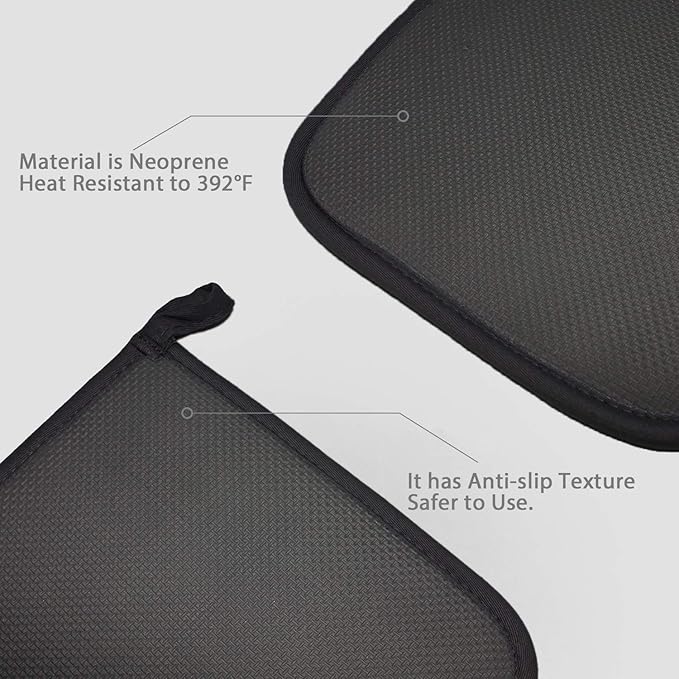 2Pcs Cotton and Neoprene Oven Pads Pot Holders with Pocket 8"x8.5" Dual-Function Hot Pad Set for Finger Hand Wrist Protection Heat Resistant to 428°F,Black