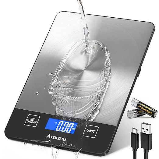 Atogou Food Scale - 33lb Digital Kitchen Scale Ounces Grams, Rechargeable & Full-View Display, Water-Resistant, Batteries or USB-C Charging, Stainless Steel, for Cooking, Meal Prep, Package (Grey)