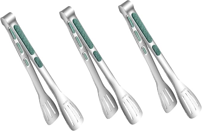 Stainless Steel Kitchen Tong Set - Anti-Slip Heat-Resistant Grip, Widened 3-Line Slotted Heads for Easy Clamping (Steaks, BBQ, Pasta, Salads), Easy Clean for Versatile Use Set of 3-9", Green