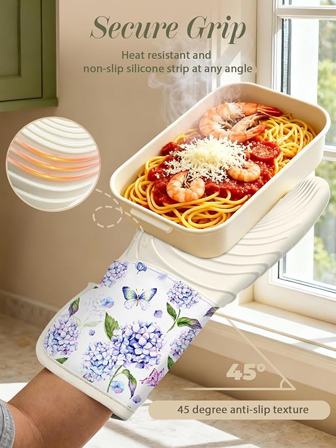 Slohif Long Silicone Oven Mitts Heat Resistant for Women - 2 Pcs Blue Flower 100% Cotton Oven Gloves, Non-Slip and Waterproof Silicone Oven Mitts with Hanger for Baking and Cooking