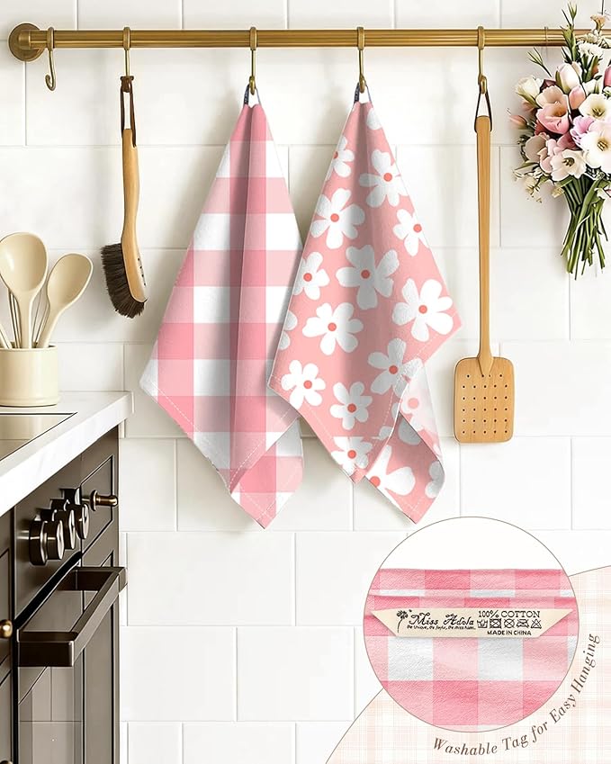 Miss Adola 2pcs Flour Sack Kitchen Towels - 18"x 26" Cotton Kitchen Hand Towels with Hanging Loop Reusable Geometric Girly Plaid Floral Tea Towel Absorbent Dishcloths Home Decor, Pink Flower