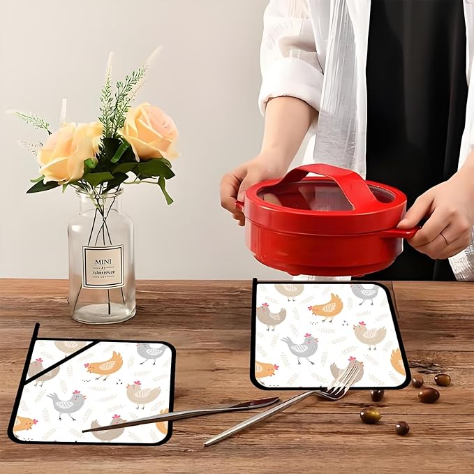 Cartoon Rooster Pot Holders Set of 2,Kitchen Heat Resistant Potholders for Microwave Cooking Baking Oven and BBQ Gifts for Women