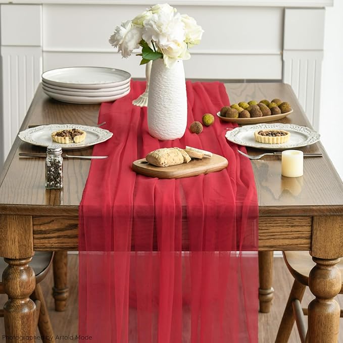 Artoid Mode 3PCS Red Gauze Table Runner 120 Inch 10FT, Seasonal Sheer Kitchen Dining Holiday Wedding Birthday Baby Shower Table Decor for Home Party