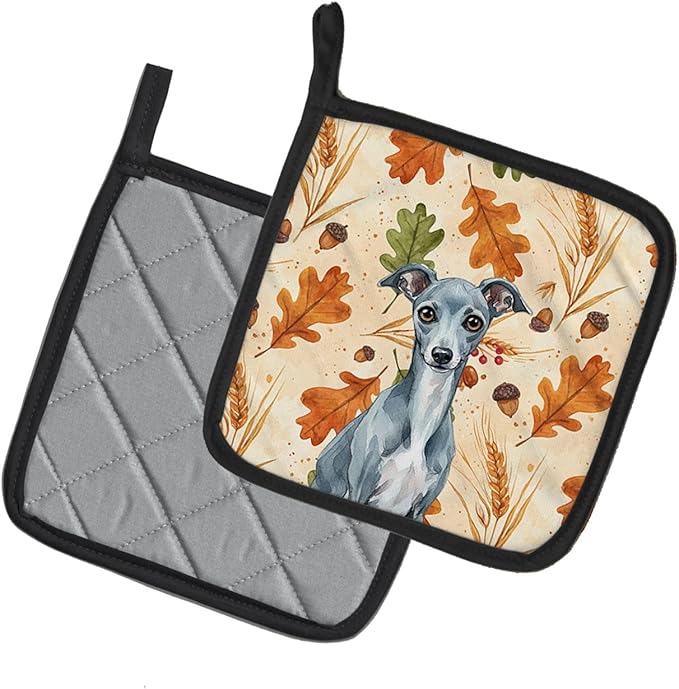 Caroline's Treasures Blue Italian Greyhound Heirloom Fall Pair of Pot Holders Pair 7.5x7.5 Quilted Insulated Hot Pads Decorative Kitchen Gift Made in USA